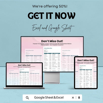 Small Business Balance Sheet - Excel & Google Sheet Template | Financial Tracking for Small Businesses | Easy-to-Use | 50% Off