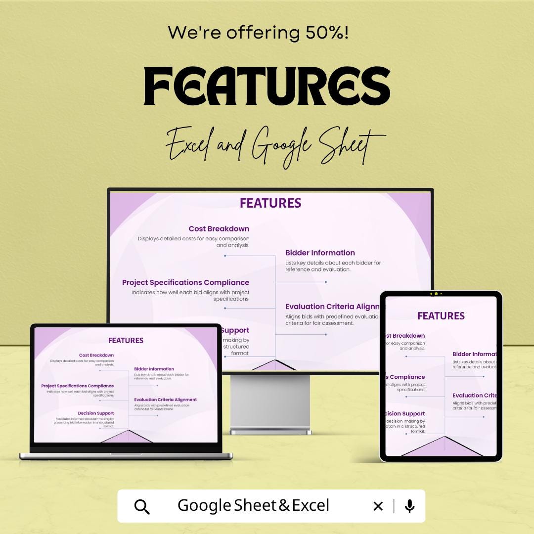 Construction Bid Tabulation Template Excel Google Sheets | Contractor Bid Comparison Spreadsheet | Project Cost Estimator |