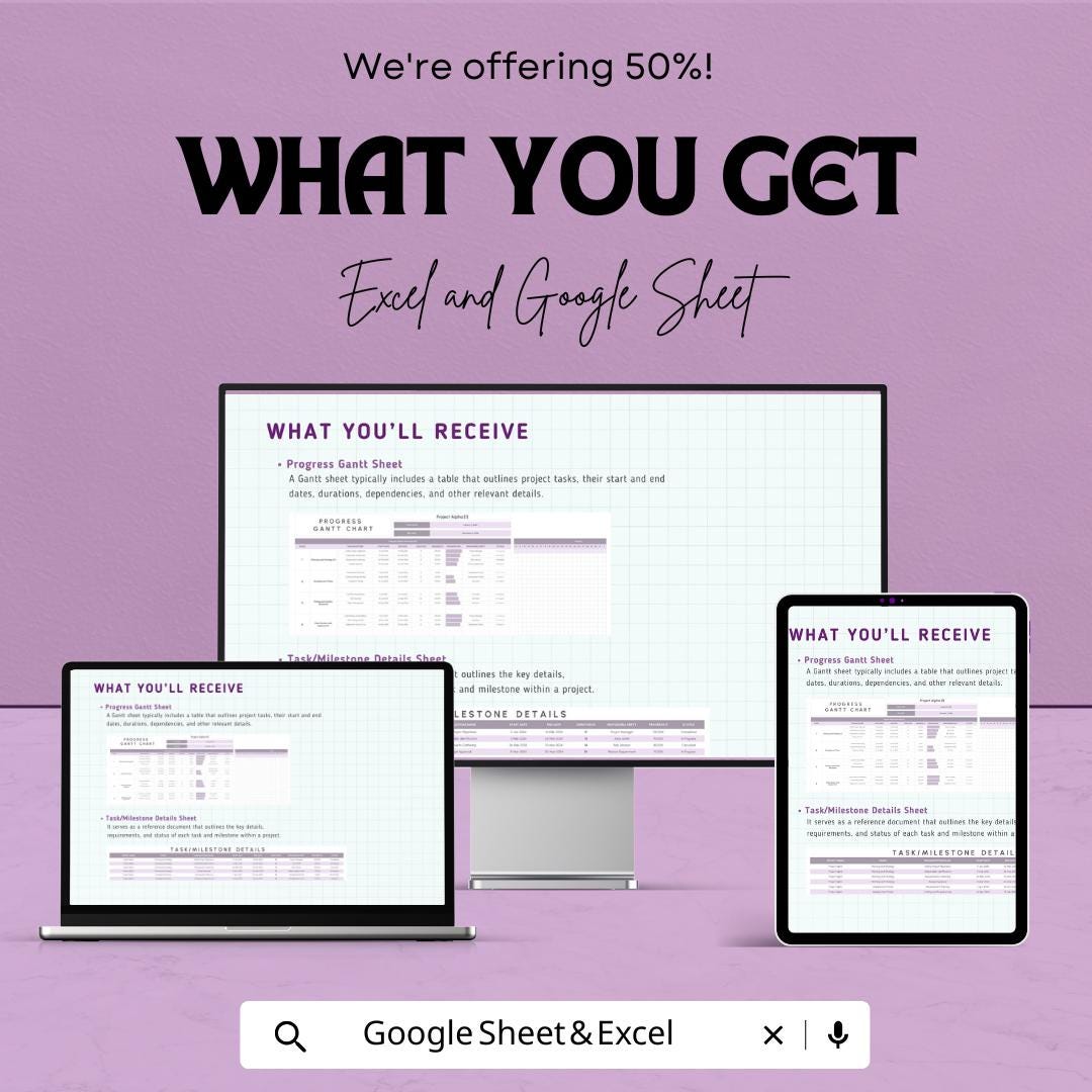 Progress Gantt Chart Template | Project Management Progress Tracker | Task Scheduling and Milestones Tracker | Team Collaboration Tool