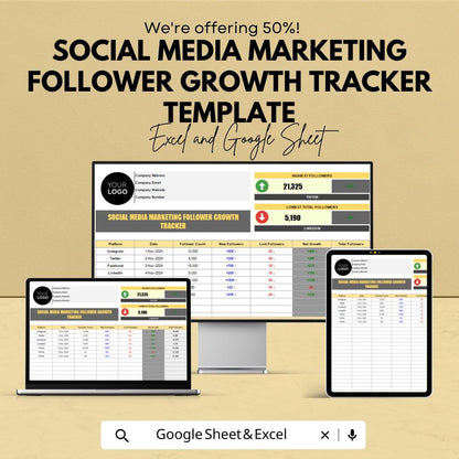 Social Media Marketing Follower Growth Tracker Template | Analytics Dashboard | Social Media KPI Tracker | Digital Download