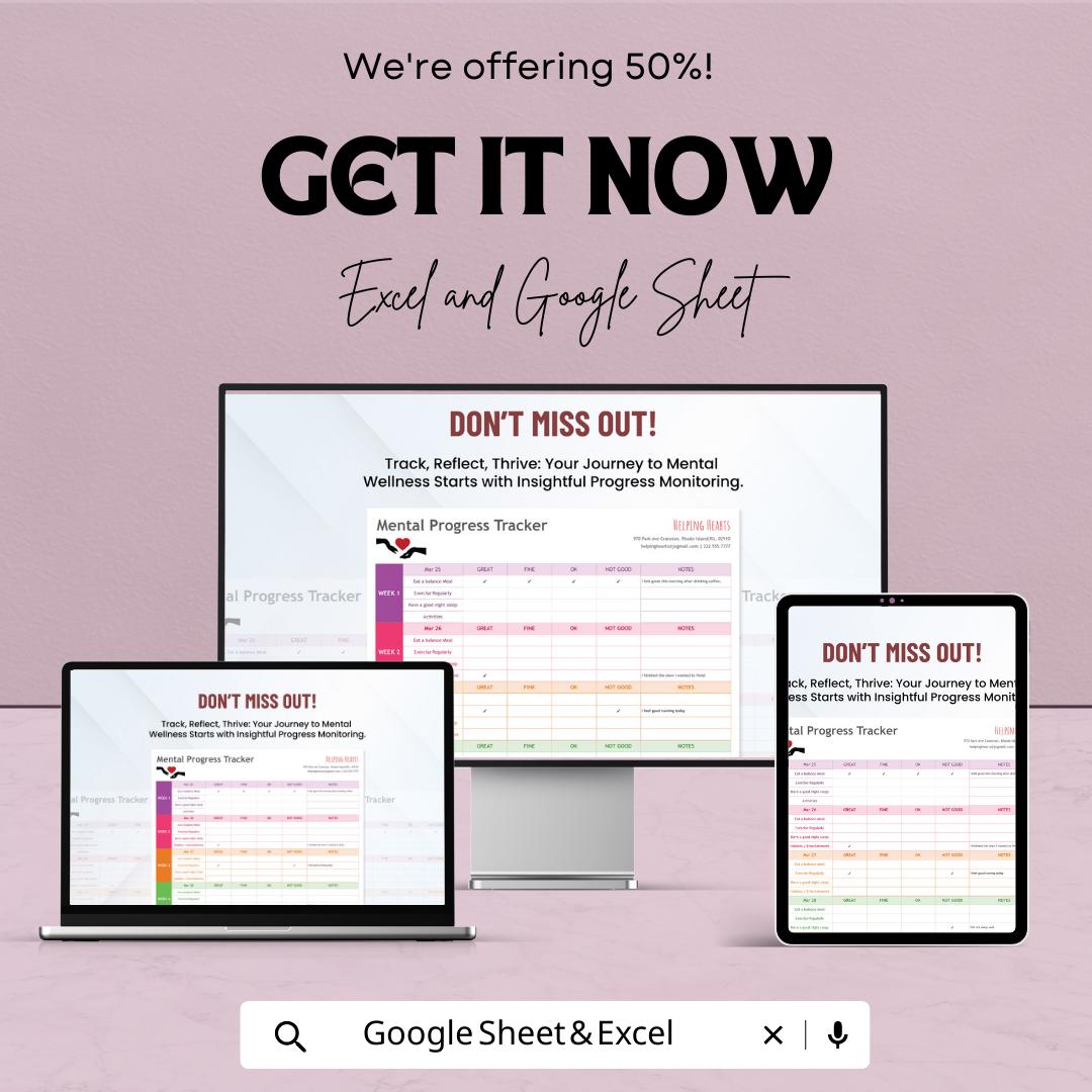 Mental Progress Tracker Template | Mental Health Journal Spreadsheet | Mood & Wellness Tracker | Self Care Progress Log