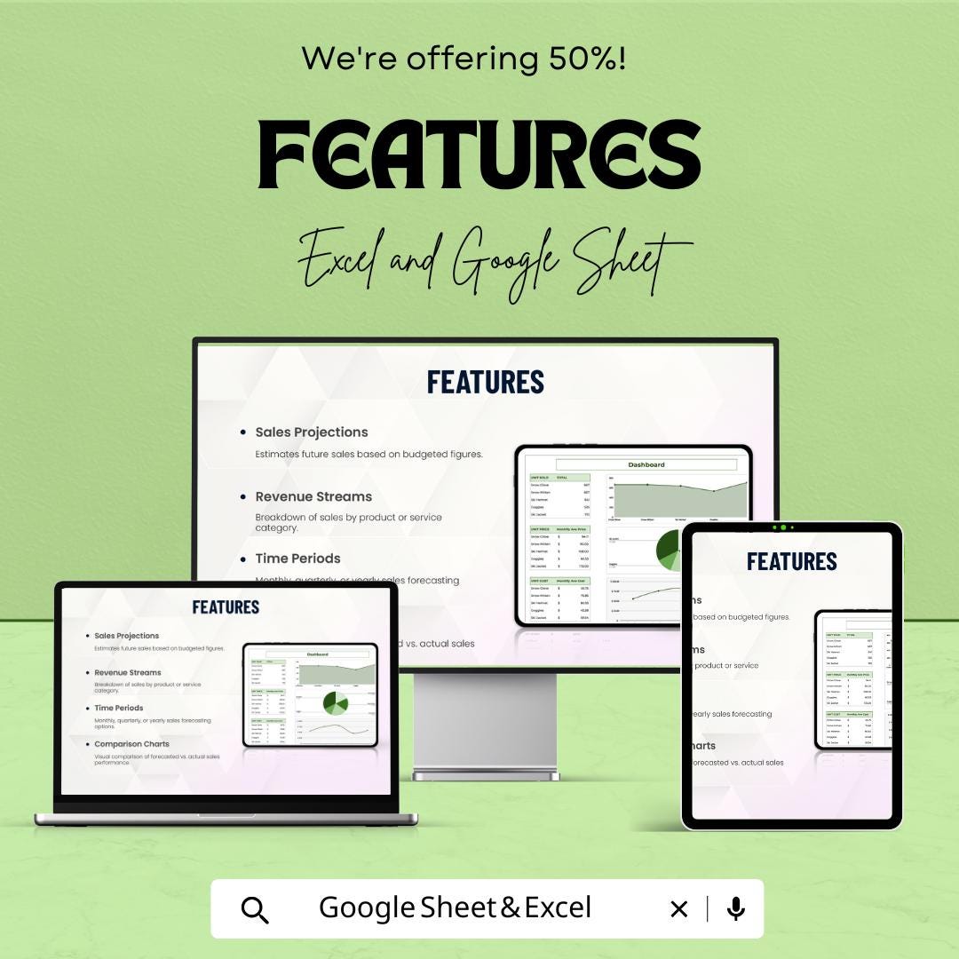 Budget Sales Forecast Template | Excel & Google Sheets | Sales Projection Spreadsheet | Business Forecast Planner