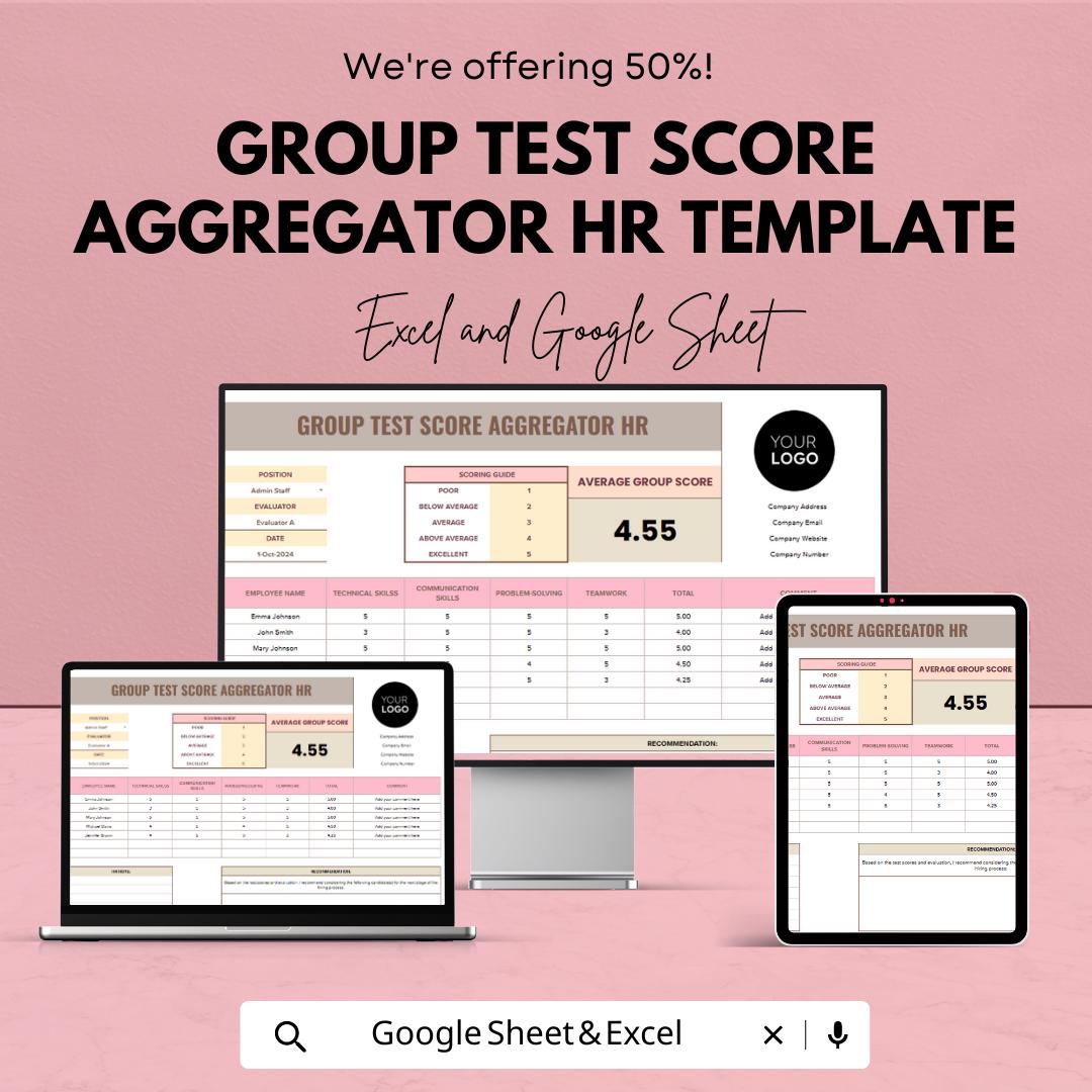Group Test Score Aggregator HR Template | Candidate Evaluation Spreadsheet | Hiring Assessment Tool | Excel & Google Sheets