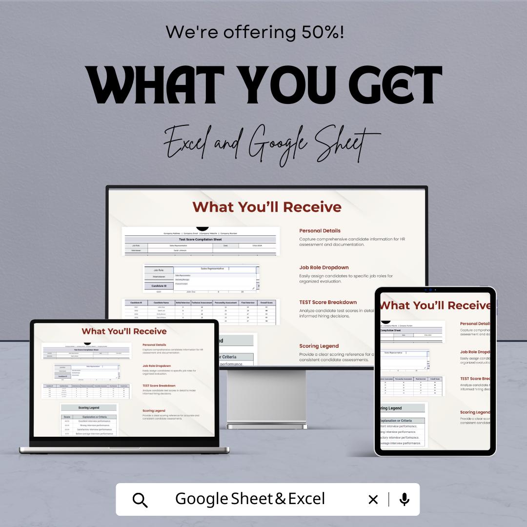Test Score Compilation Sheet HR Template, Candidate Evaluation Spreadsheet, Interview Score Tracker