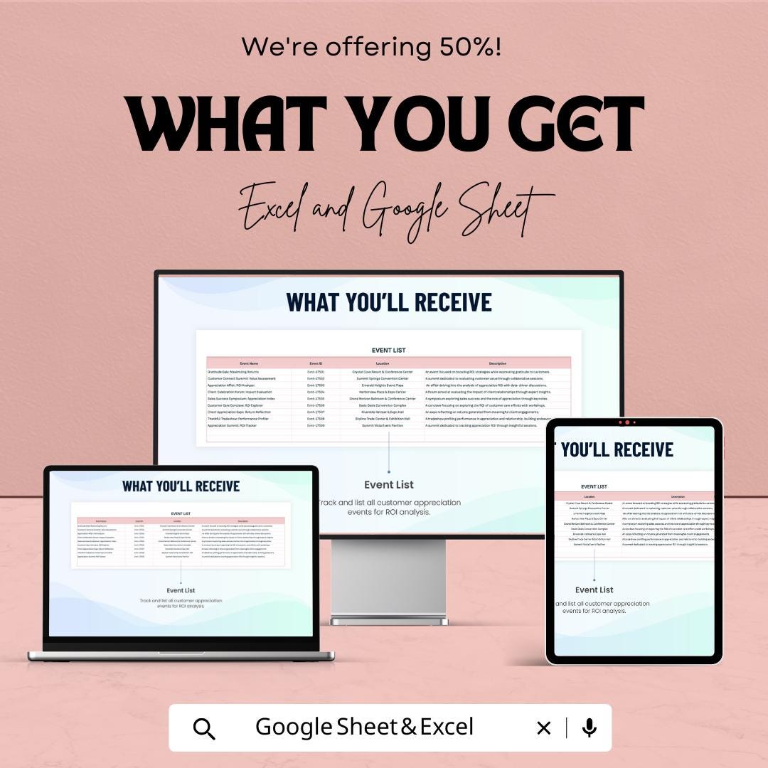 Sales Customer Appreciation Event ROI Calculator Sheet | Excel and Google Sheets Template | Event Cost, Revenue & ROI Tracker |