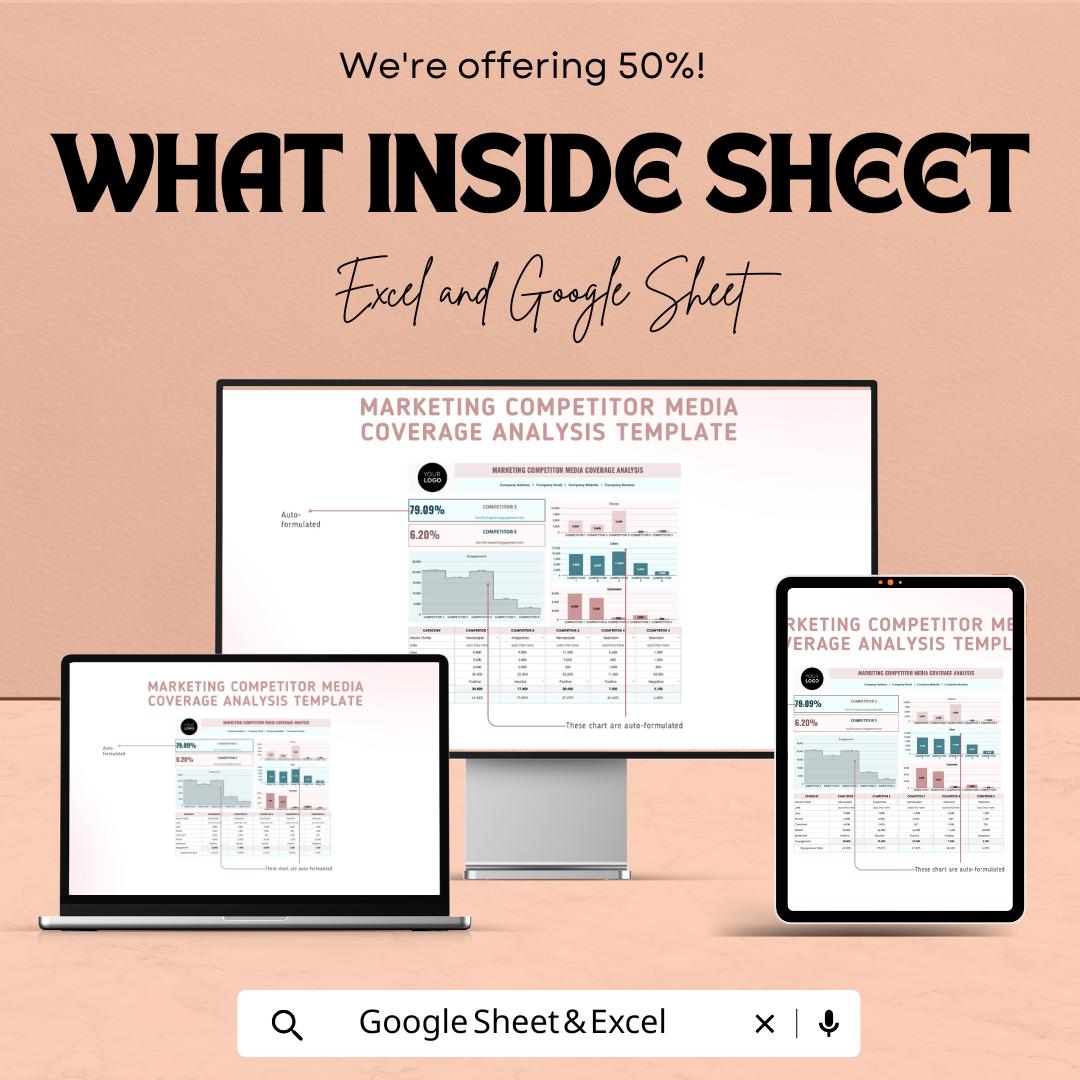 Marketing Competitor Media Coverage Analysis Sheet | Google Sheets  | Media Tracking and Competitor Analysis | ROI and Engagement Metrics