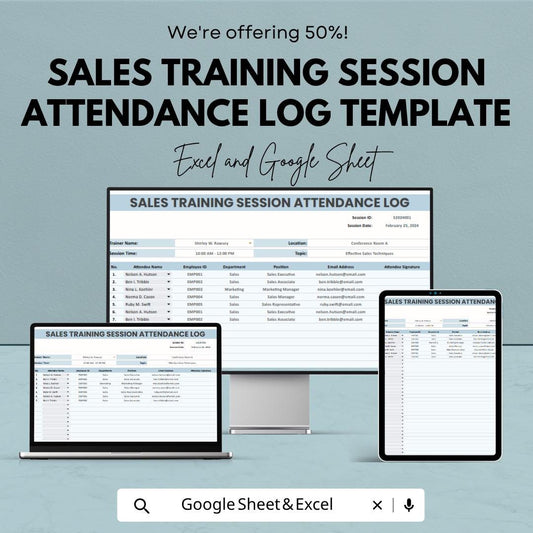 Sales Training Attendance Log Template Excel | Training Tracker Spreadsheet | Employee Attendance Sheet Google Sheets | Workshop Attendance