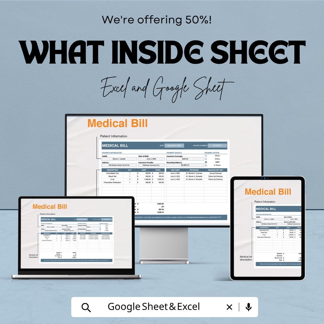 Medical Bill Template Excel Google Sheets | Healthcare Expense Tracker | Patient Billing Spreadsheet | Medical Invoice Template |