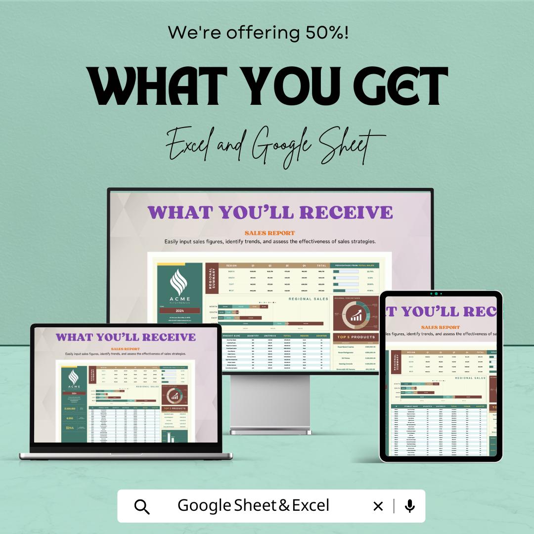 Quarterly Sales Report Template | Sales Dashboard Excel & Google Sheets | Regional Sales Tracker | Business Analytics Spreadsheet |