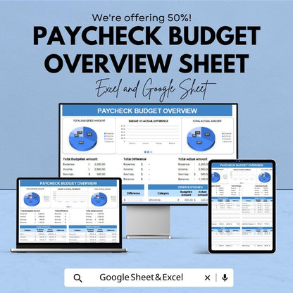 Paycheck Budget Overview Sheet | Excel & Google Sheets Template | Personal Finance Tracker | Budget vs Actual Comparison | 50% Off