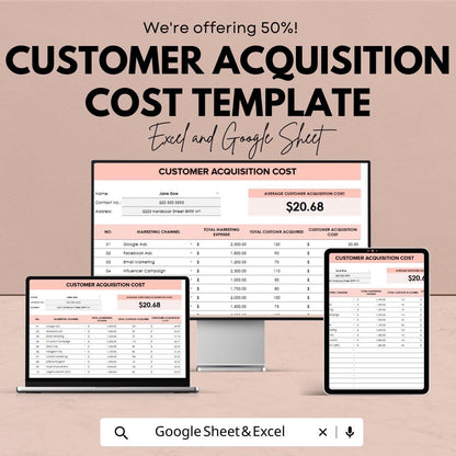 Customer Acquisition Cost Template | CAC Calculator Spreadsheet | Marketing Cost Tracker |  Marketing Budget Tracker