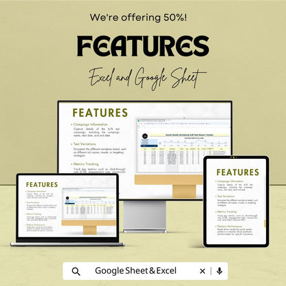 Social Media Marketing A/B Test Result Tracker Template | AB Testing Spreadsheet | Conversion Rate Tracker | Marketing Analytics Tool
