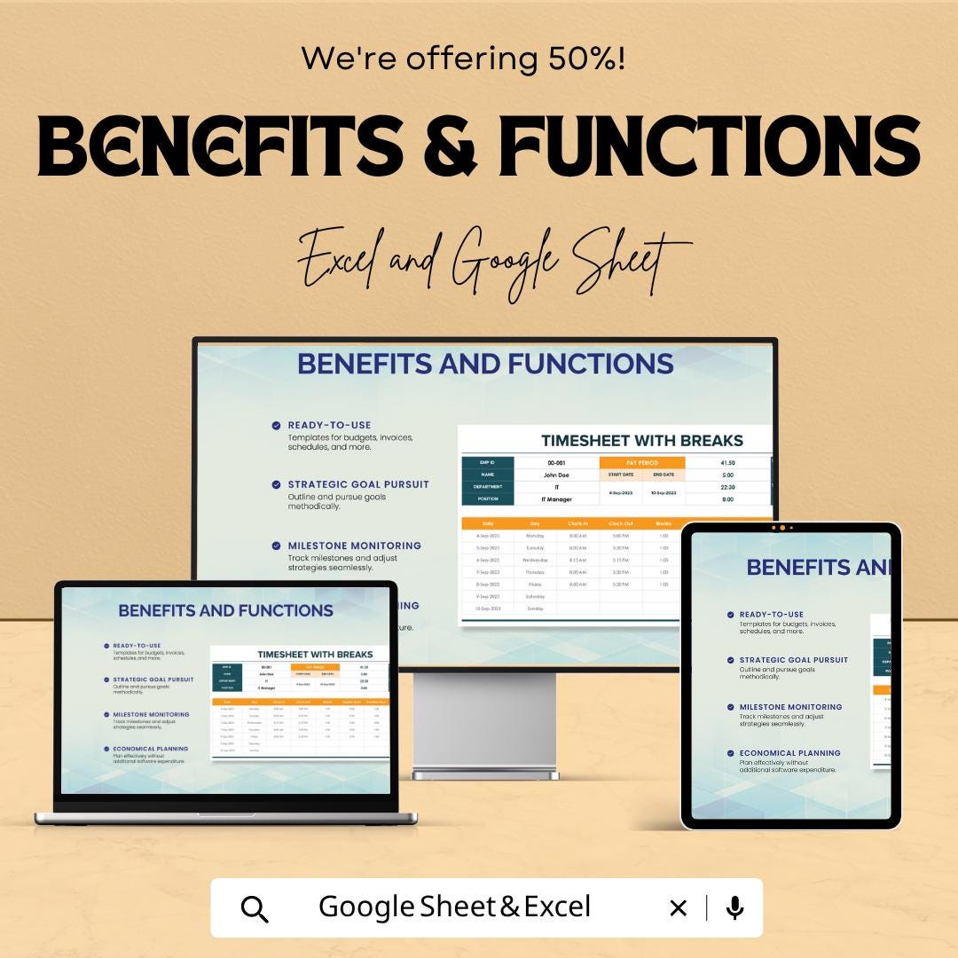 Timesheet with Breaks Template | Employee Timesheet Spreadsheet | Work Hours & Break Tracker | Payroll Time Log Sheet