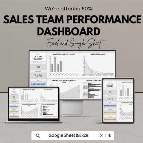 Sales Team Performance Dashboard - Excel & Google Sheet Template for Tracking Sales Metrics, Team Performance and Goals