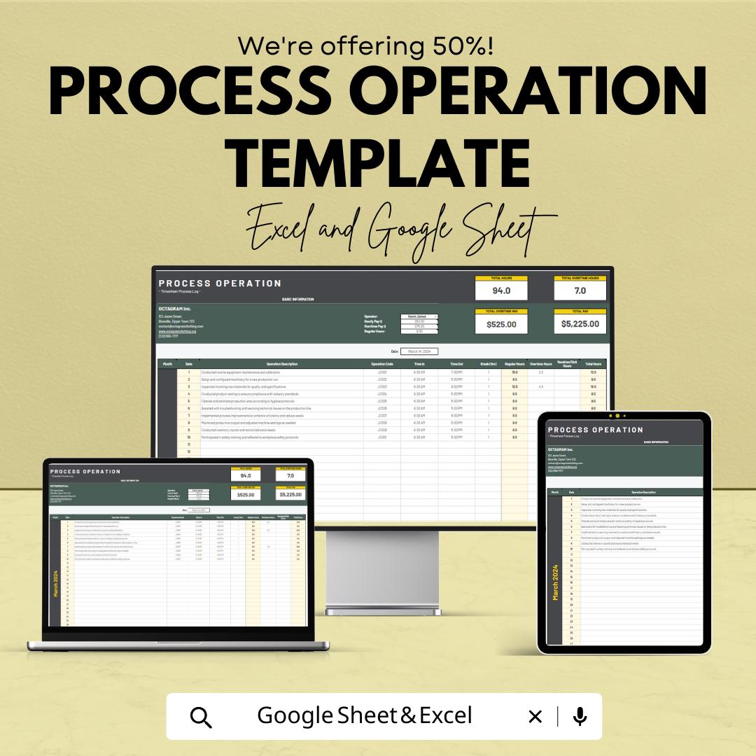 Process Operation Template, Workflow Management Spreadsheet, Operations Log Sheet, Process Tracker, Excel and Google Sheets Template