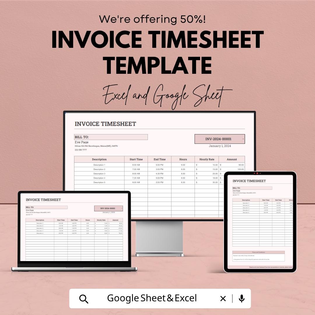 Invoice Timesheet Template | Freelancer Invoice Tracker | Work Hours Log Sheet | Billing Timesheet Sheet | Service Invoice Template