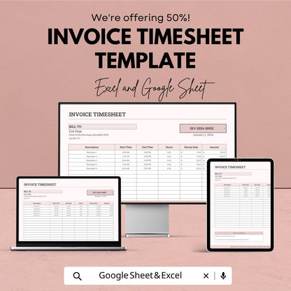 Invoice Timesheet Template | Freelancer Invoice Tracker | Work Hours Log Sheet | Billing Timesheet Sheet | Service Invoice Template
