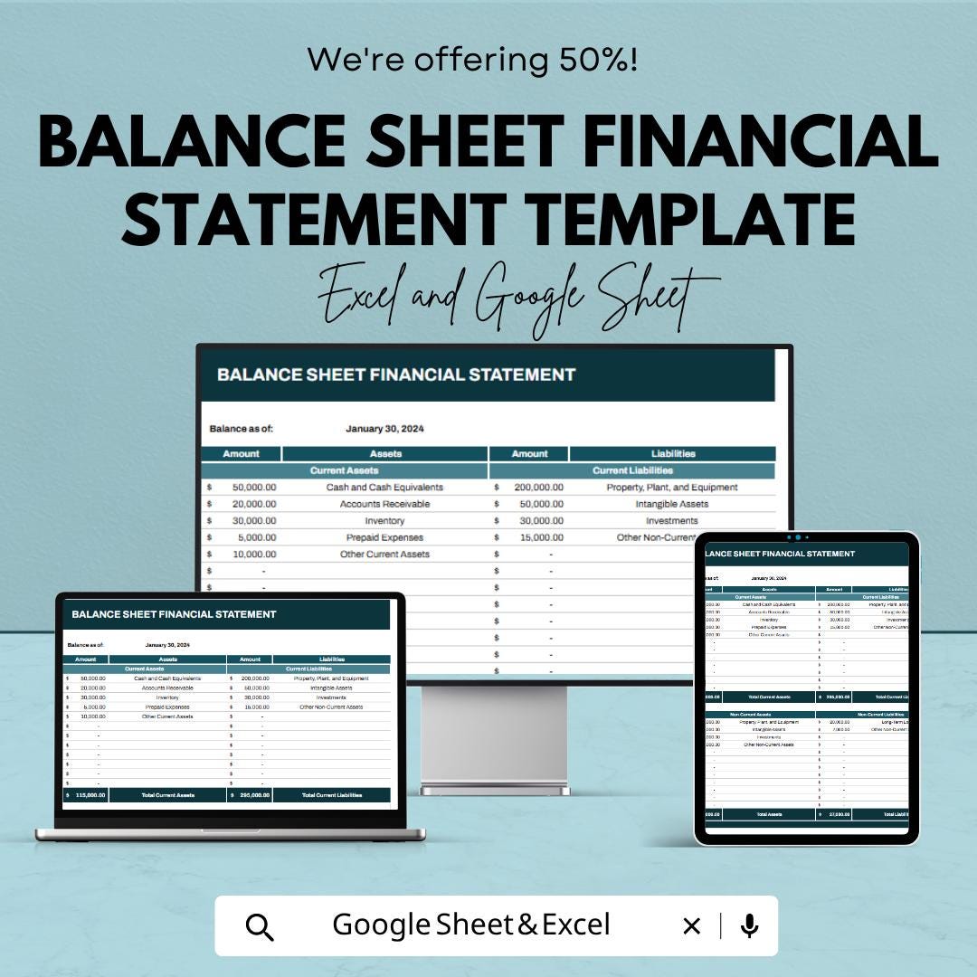 Balance Sheet Financial Statement Template | Balance Sheet Spreadsheet | Business Financial Statement Template | Excel & Google Sheets |