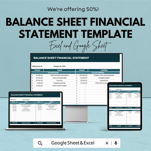 Balance Sheet Financial Statement Template | Balance Sheet Spreadsheet | Business Financial Statement Template | Excel & Google Sheets |