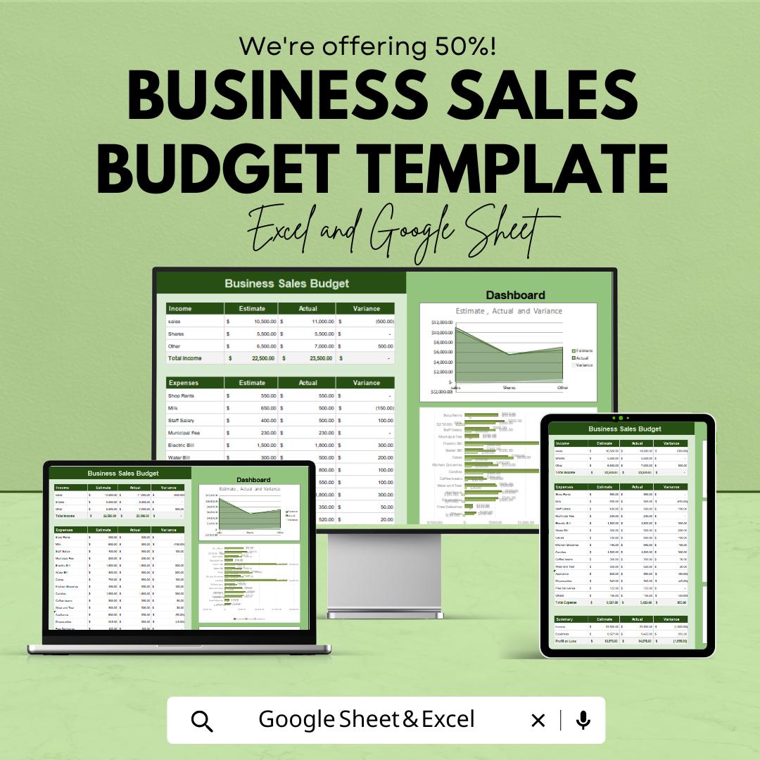 Business Sales Budget Template | Sales Budget Spreadsheet | Revenue and Expense Tracker | Business Dashboard | Excel & Google Sheets