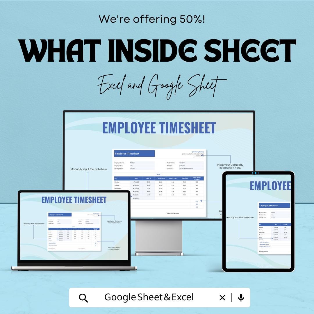 Employee Timesheet Template | Excel & Google Sheets | Time Tracker for Work Hours | Overtime Calculator | Instant Download
