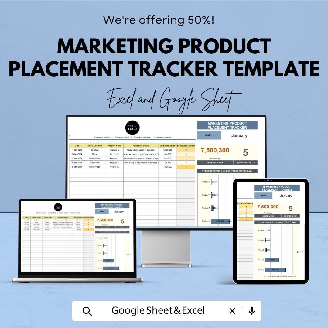 Marketing Product Placement Tracker Template | Campaign Tracking Spreadsheet | Marketing Analytics Tool