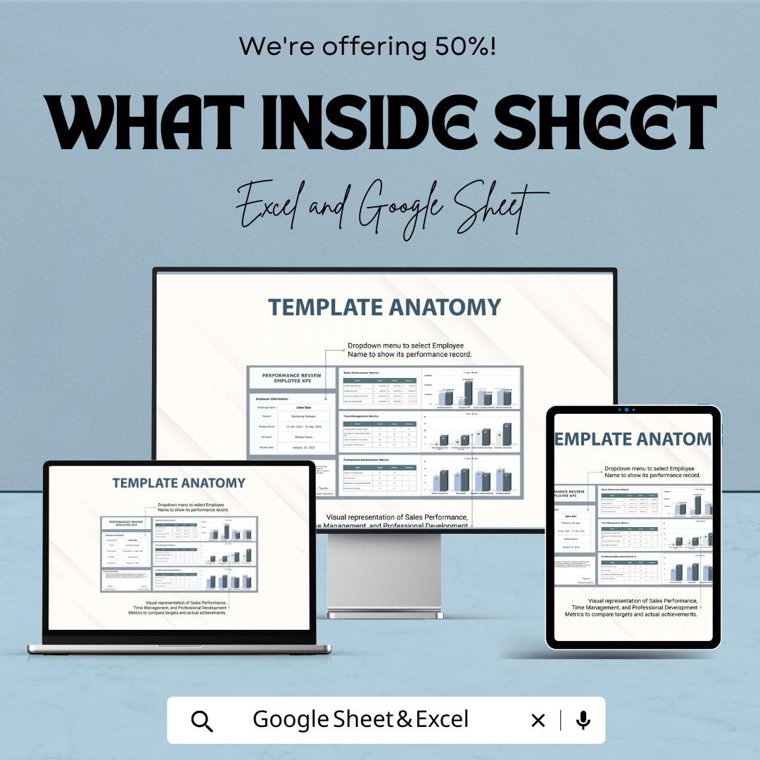 Performance Review Employee KPI Sheet | KPI Dashboard | Staff Evaluation Template | HR Google Sheet & Excel | Employee Performance Tracker
