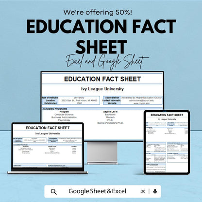 Education Fact Sheet | University Information Template | Program, Tuition and Accreditation | Excel & Google Sheets