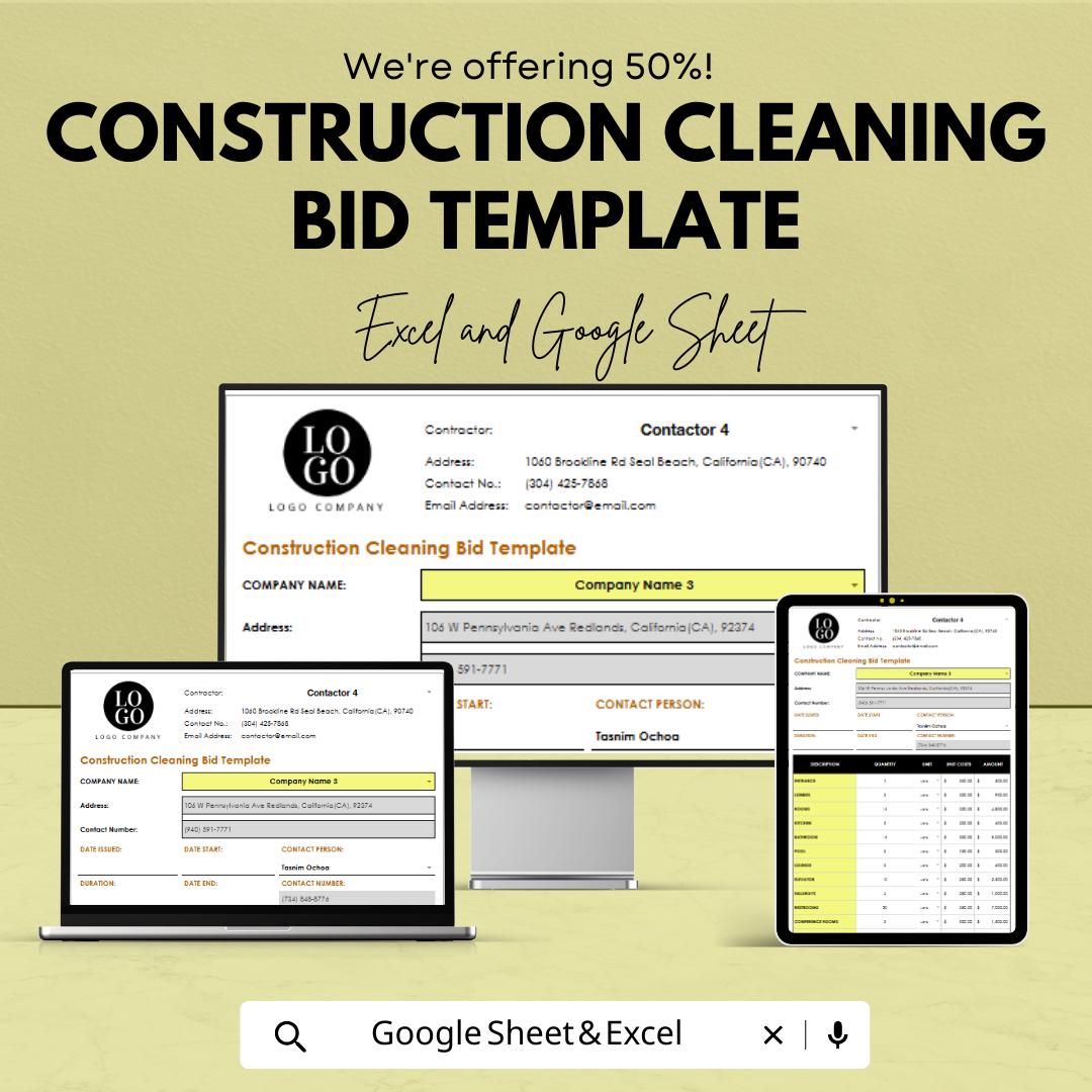 Construction Cleaning Bid Template | Construction Cleaning Estimate Template | Cleaning Service Bid sheet | Contractor Proposal Template