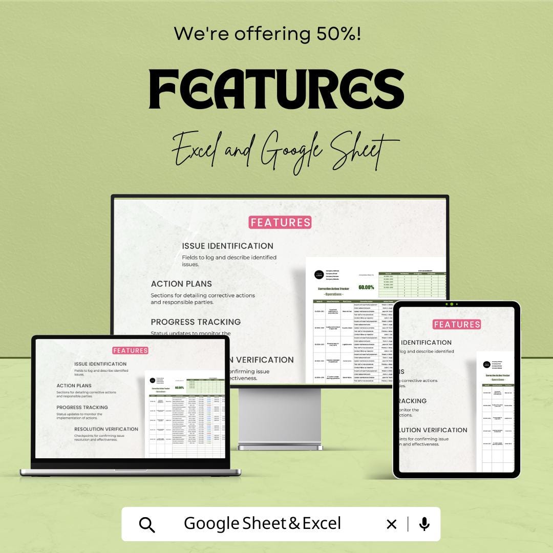 Operations Corrective Action Tracker Template | Excel and Google Sheets | CAPA Tracker | Operations Management & Compliance Tool