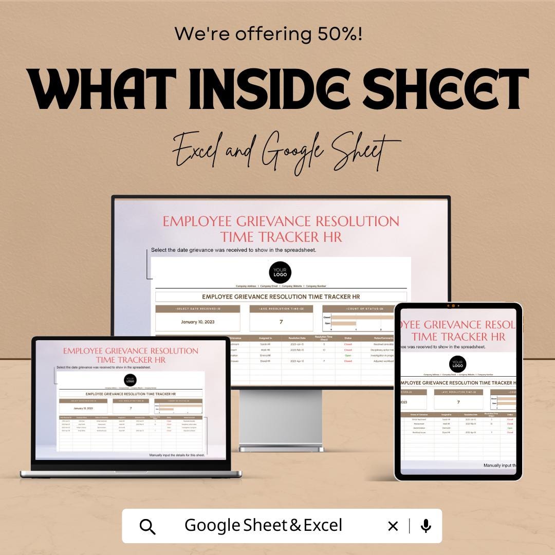 Employee Grievance Resolution Time Tracker HR Sheet | Excel & Google Sheet | Employee Feedback Tracker Template | HR Department Tool |