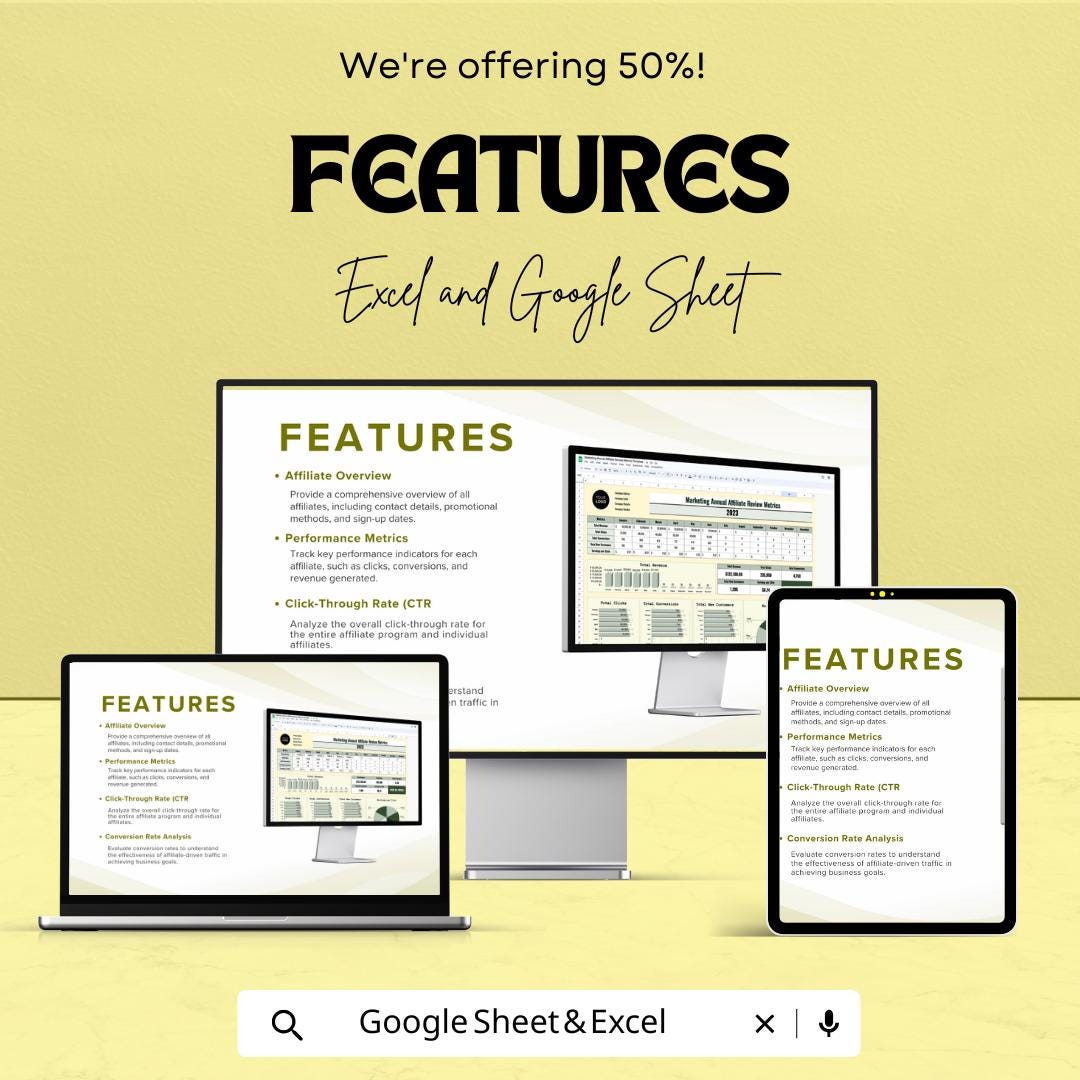 Marketing Annual Affiliate Review Metrics Sheet - Google Sheet Template for Performance Analysis & Tracking | Affiliate Program Analysis