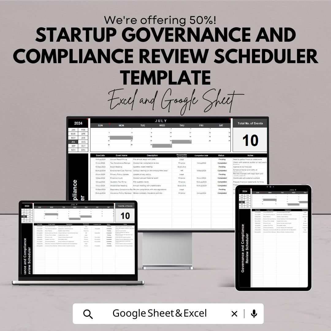 Startup Governance and Compliance Review Scheduler Template | Compliance Calendar andTracker | Excel & Google Sheets