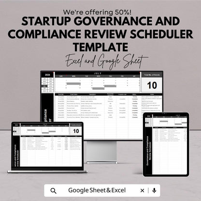 Startup Governance and Compliance Review Scheduler Template | Compliance Calendar andTracker | Excel & Google Sheets
