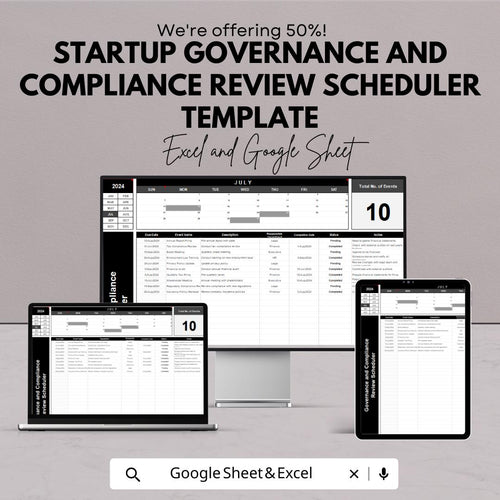 Startup Governance and Compliance Review Scheduler Template | Compliance Calendar andTracker | Excel & Google Sheets