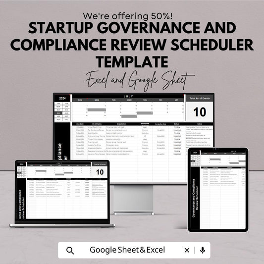 Startup Governance and Compliance Review Scheduler Template | Compliance Calendar andTracker | Excel & Google Sheets