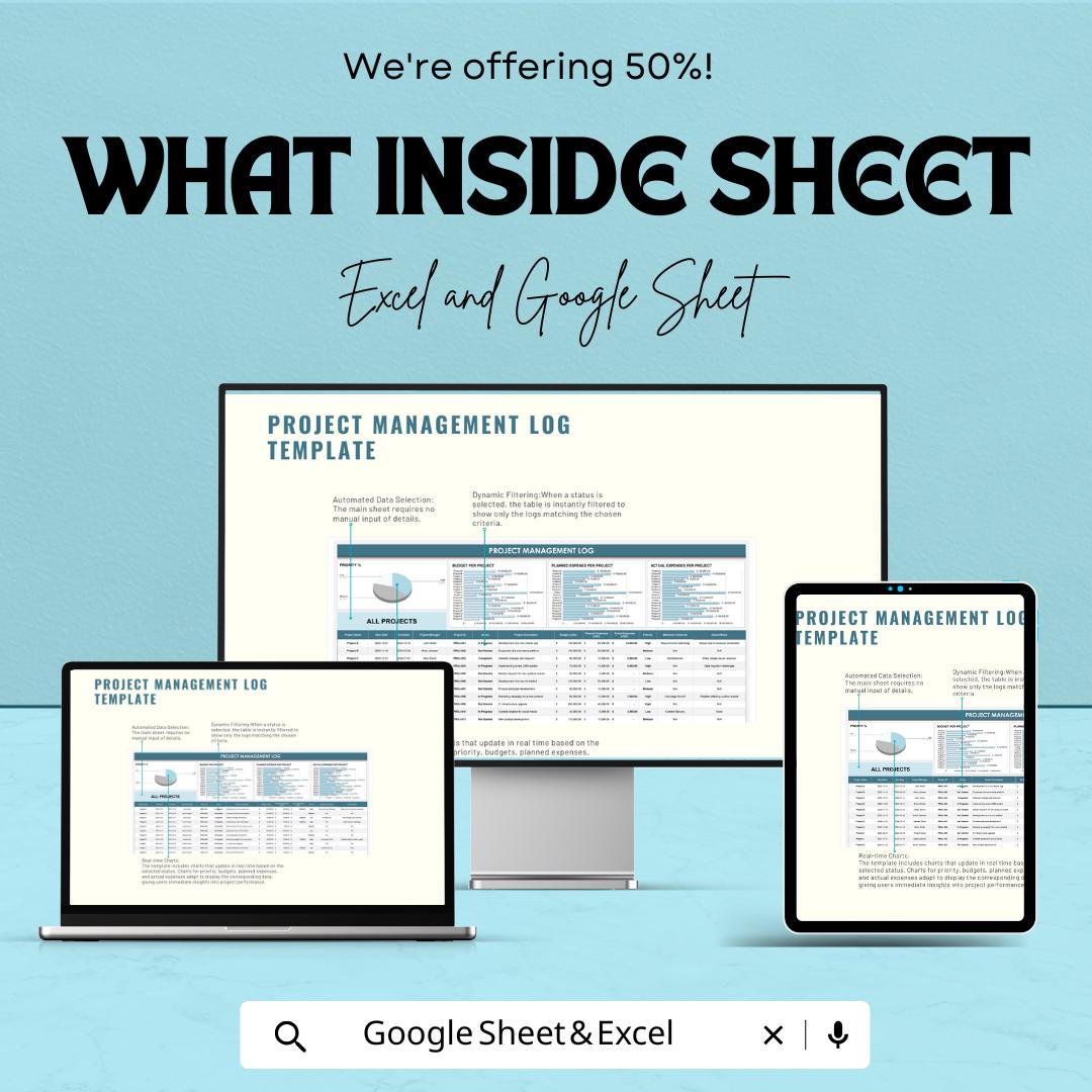 Project Management Log Sheet | Excel and Google Sheets Template | Track Projects, Budget & Expenses | Project Planning and Task Tracker