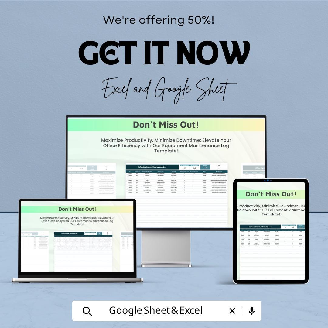 Office Equipment Maintenance Log Excel Template | Asset Tracker Spreadsheet | Service & Repair Log Google Sheets | Maintenance Tracker