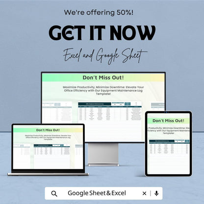 Office Equipment Maintenance Log Excel Template | Asset Tracker Spreadsheet | Service & Repair Log Google Sheets | Maintenance Tracker