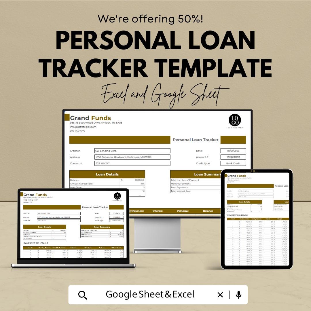 Personal Loan Tracker Template | Loan Payment Schedule Spreadsheet | Debt Payoff Planner | Amortization & Interest Tracker