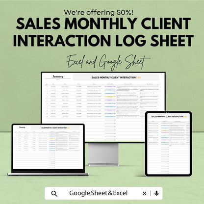 Sales Monthly Client Interaction Log Sheet | Excel & Google Sheets Template | Sales Tracking | Client Engagement | 50% Off