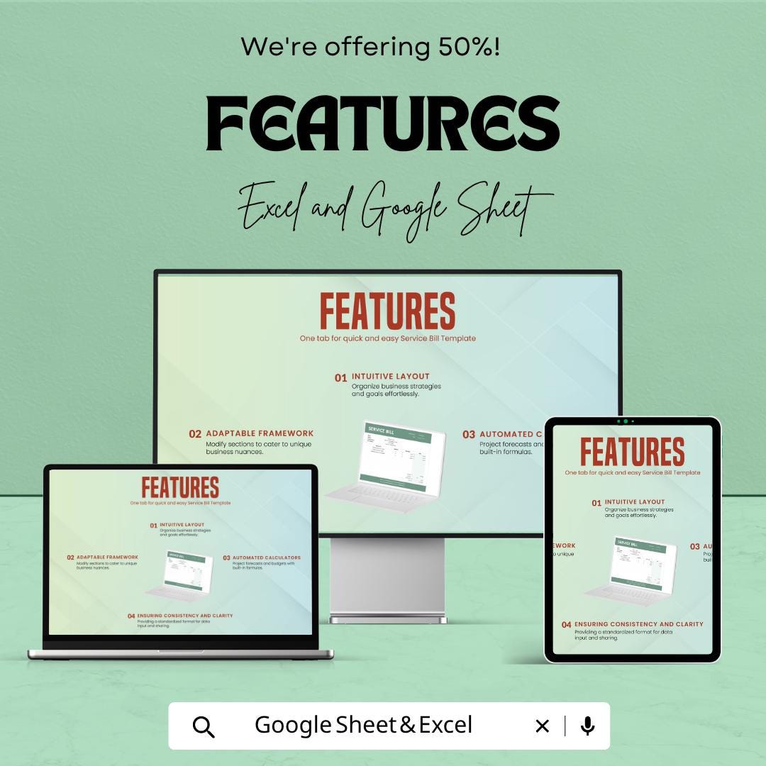 Service Bill Template | Invoice Billing Spreadsheet | Service Invoice Tracker | Excel & Google Sheets | Business Payment Management Sheet