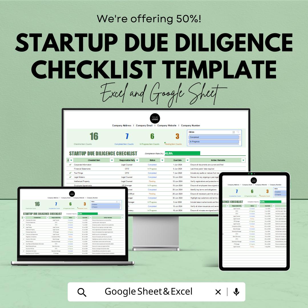 Startup Due Diligence Checklist Template | Investor Readiness Tracker | Excel & Google Sheets Business Checklist