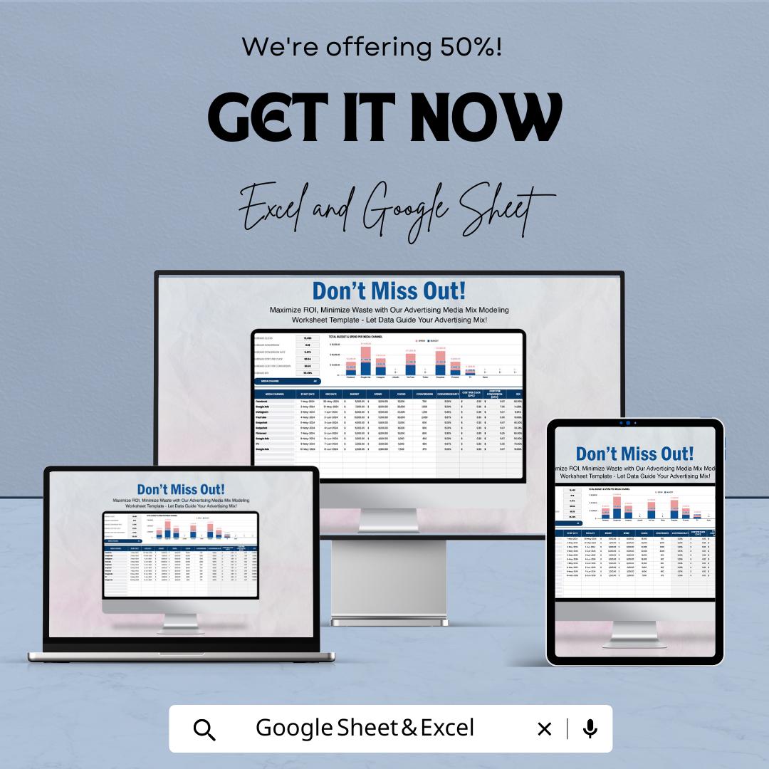 Advertising Media Mix Modeling Worksheet Template | Excel & Google Sheets | Marketing Mix Analysis Spreadsheet | ROI Modeling Tool |