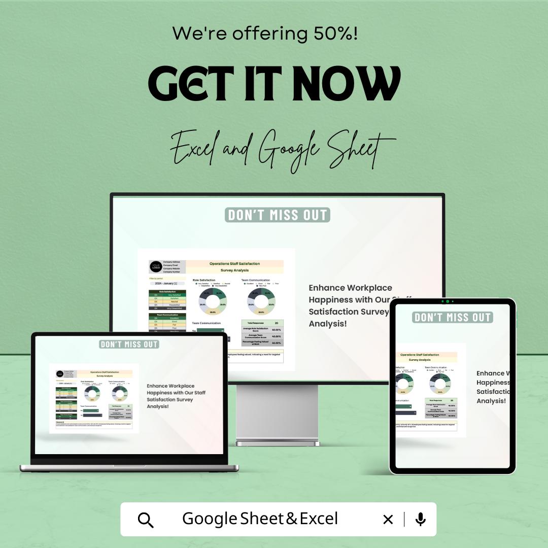 Operations Staff Satisfaction Survey Analysis Template | Employee Feedback Dashboard | Excel & Google Sheets HR Tool