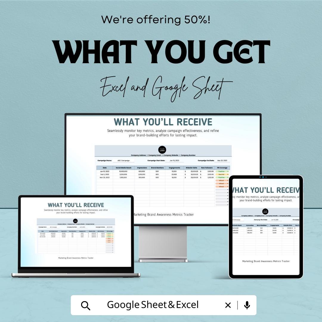 Marketing Brand Awareness Tracker, Campaign Metrics Spreadsheet, Social Media KPI Tracker, Marketing Dashboard