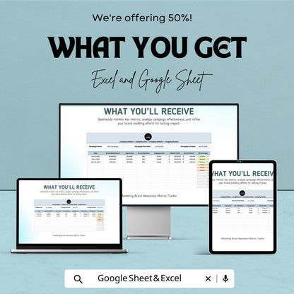 Marketing Brand Awareness Tracker, Campaign Metrics Spreadsheet, Social Media KPI Tracker, Marketing Dashboard