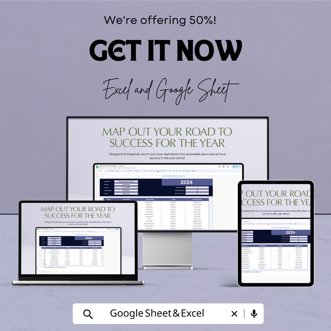 Yearly Action Plan Sheet - Excel & Google Sheet Template for Annual Project Management
