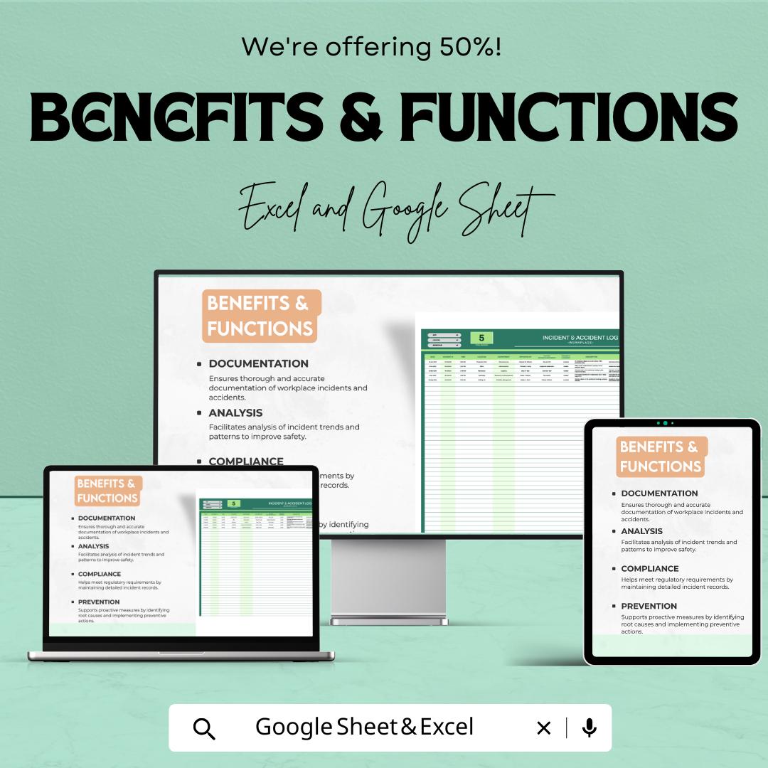 Workplace Incident and Accident Log Template | Safety Incident Report Tracker | Injury & Near Miss Log | Excel and Google Sheets