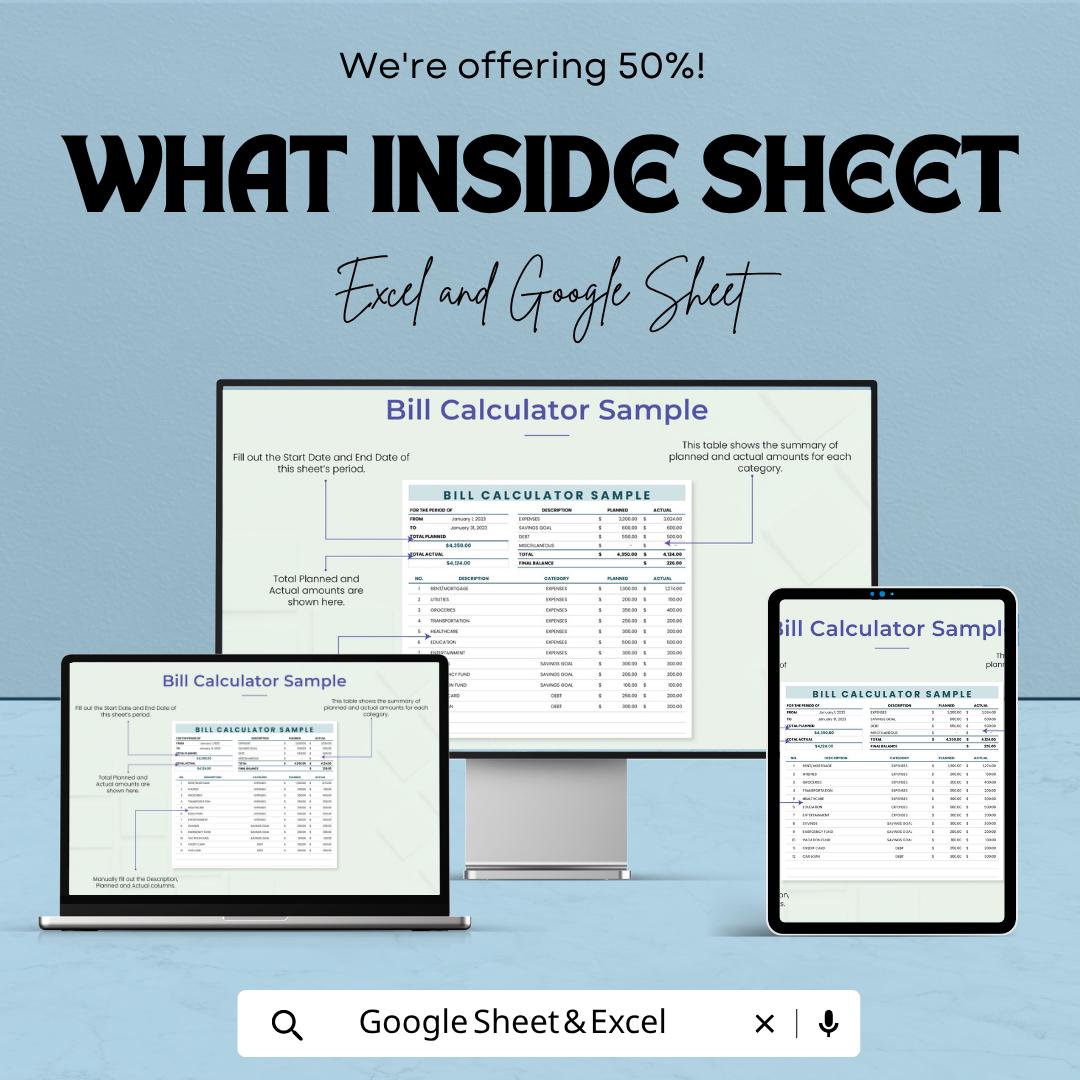 Bill Calculator | Monthly Budget Planner | Expense Tracker Spreadsheet | Personal Finance Template | Budget Calculator Sheet